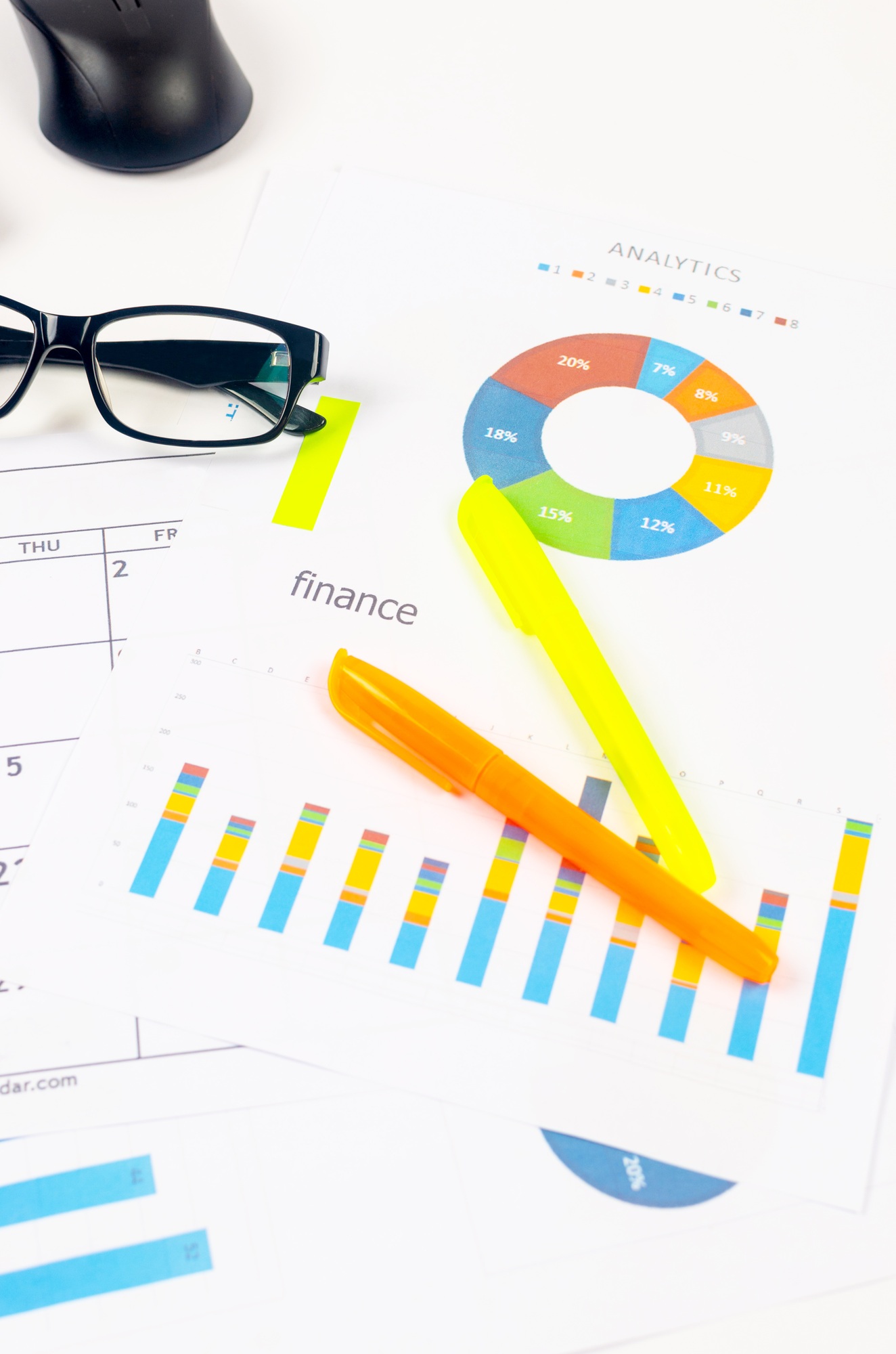 Working set for analyzing statistics and results of last year. Charts and graph with financial data